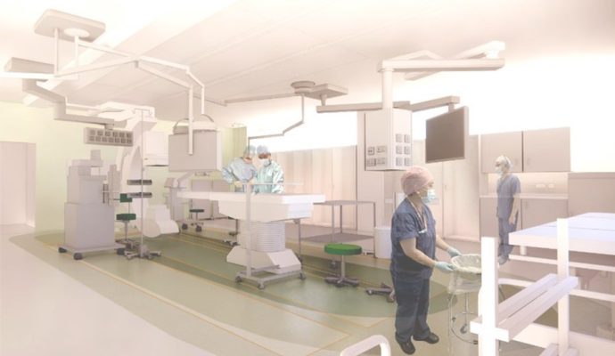 A representation of what the new vascular hybrid theatre will look like at Lister Hospital. The image includes clinicians in an empty operating theatre with medical equipment.