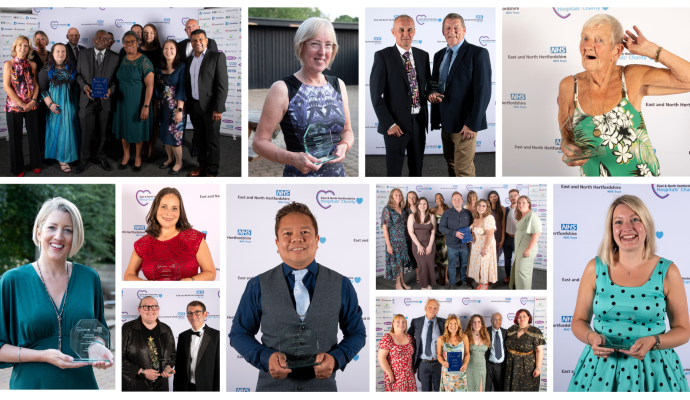 A collage of pictures of award winners from the 2023 Staff Awards ceremony, hosted for East and North Hertfordshire NHS Trust staff.